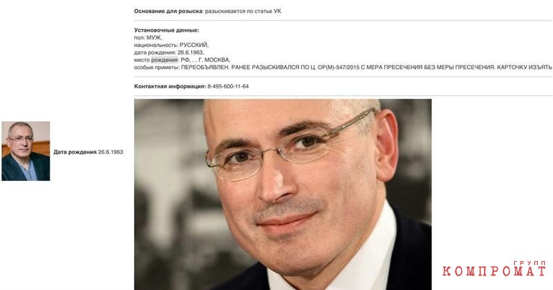 Карточка МВД о розыске Михаила Ходорковского